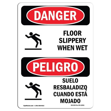SIGNMISSION OSHA Sign, Floor Slippery When Wet Bilingual, 14in X 10in Decal, 10" W, 14" H, Bilingual Spanish OS-DS-D-1014-VS-1261